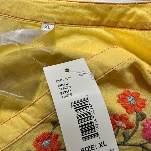 Yellow Floral Embroidered V Neck Pullover Boho Blouse by Passports XL New - Picture 7 of 9